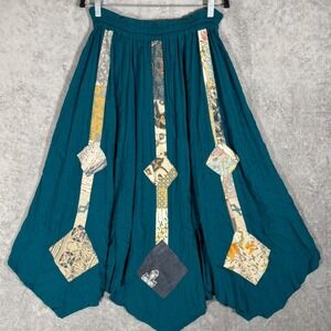 Nativewear Designs VTG Teal Batik Patchwork Maxi Skirt Small Boho Sharkbite Hem